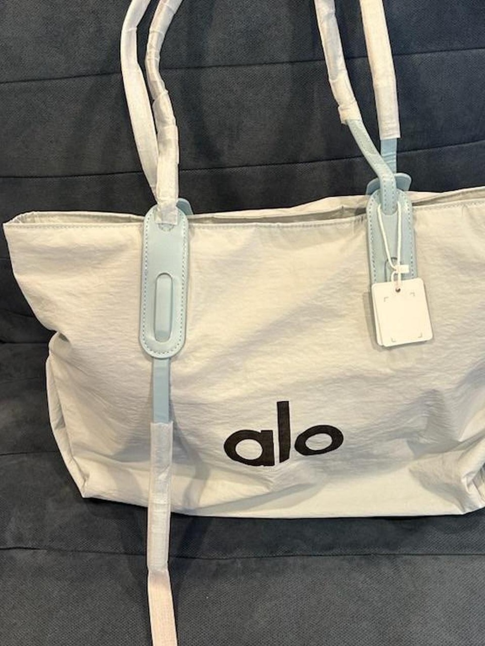 ALO Yoga White Tote with Light Blue Strap Accents